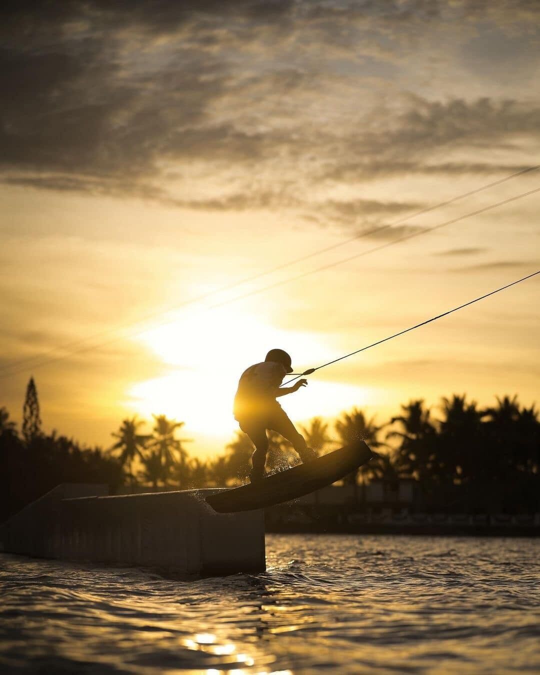 A person wakeboarding at sunset with a clear sky and palm trees in the background.