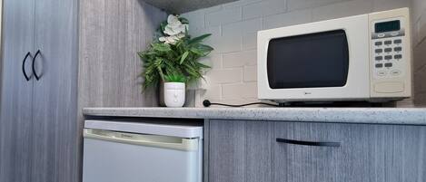 A compact kitchen with a built-in microwave, a small refrigerator, and a potted plant on the counter.