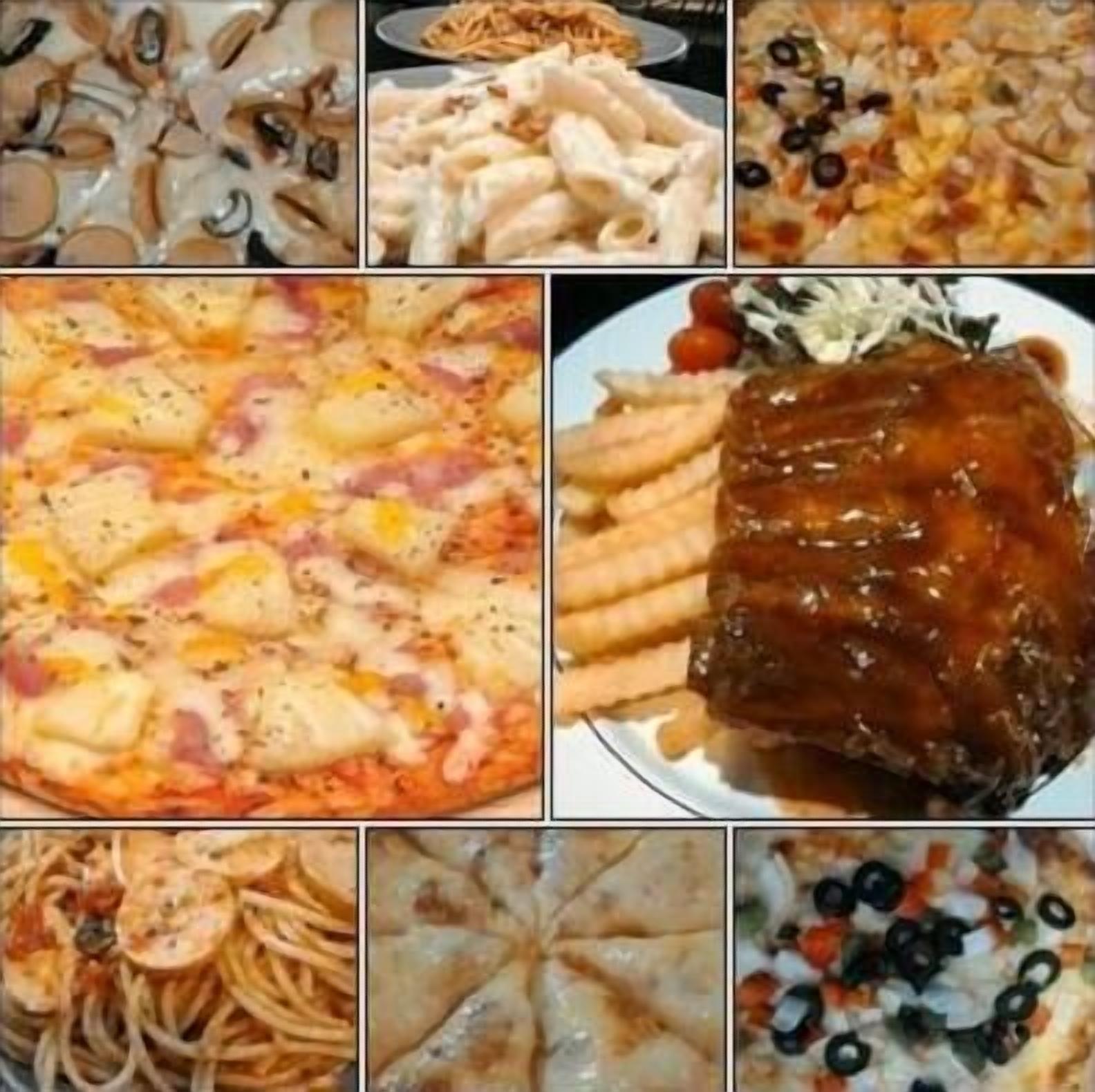 A collage of various dishes including pasta, pizza, and a meat dish.