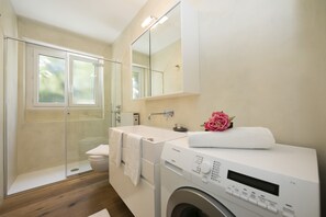 Shower, hair dryer, towels