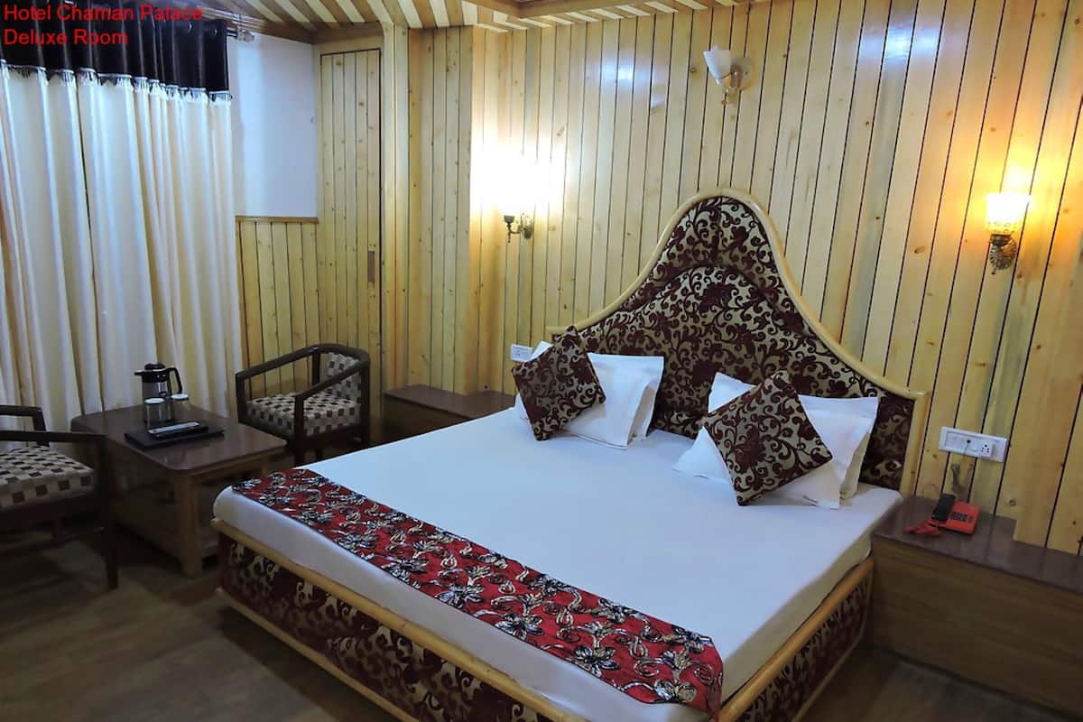A Deluxe Room in Hotel Chaman Palace with a large bed, patterned pillows, a bedside table with a lamp, a chair, and a view of the curtains.