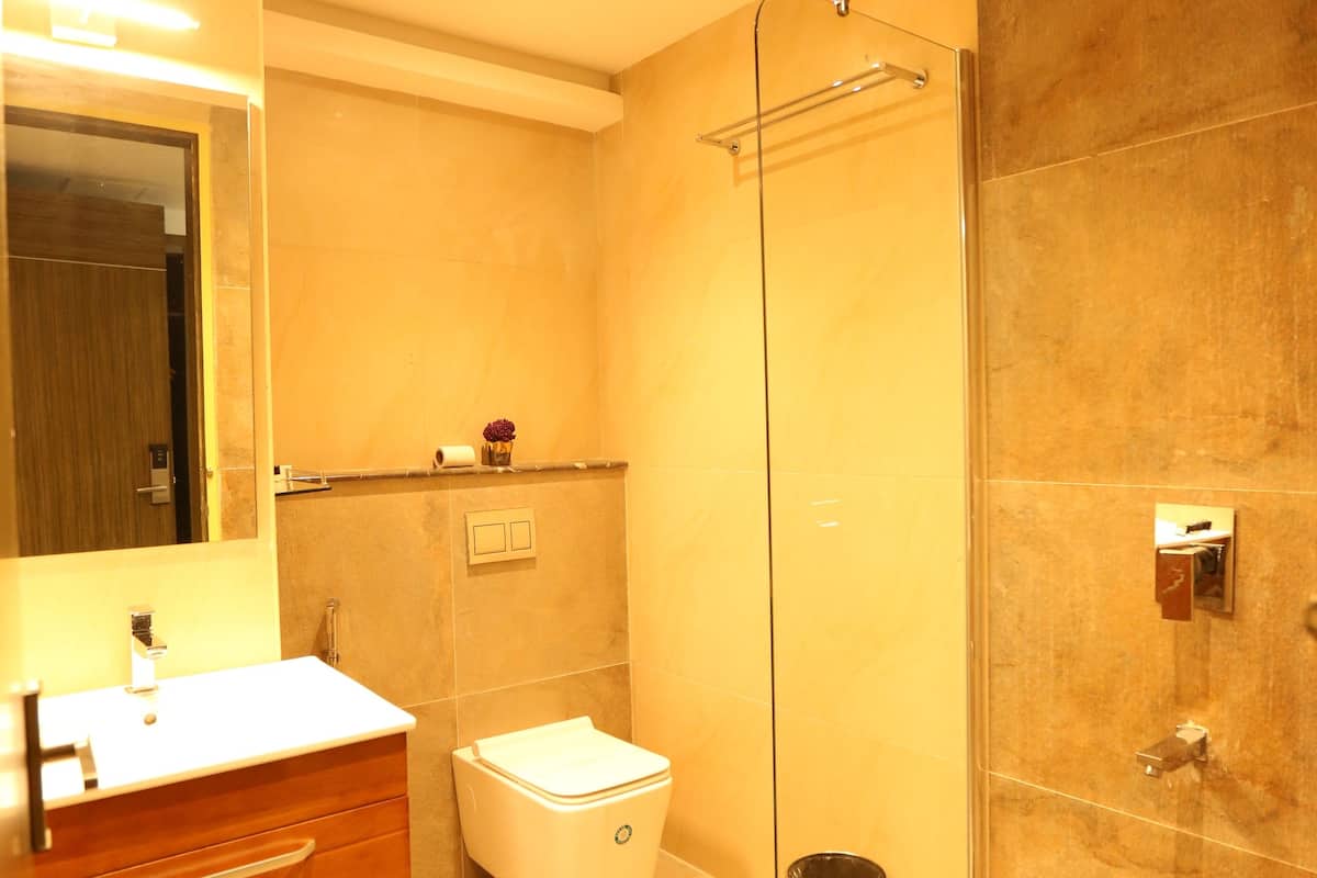 shower, free toiletries, slippers, bidet