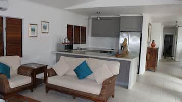 Casa de lujo, 3 habitaciones, vista a la playa, frente al mar | Área de sala de estar | Televisión de pantalla plana y reproductor de DVD