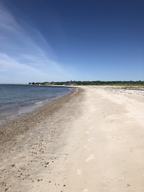 On the beach, sun loungers, beach towels