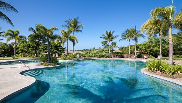 A clear blue pool surrounded by palm trees and greenery. - Mauna Lani Private beach access, 2026 Hilton Waikoloa Pool pass included! (Waimea)