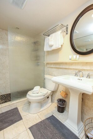 Combined shower/tub, hair dryer, towels, soap