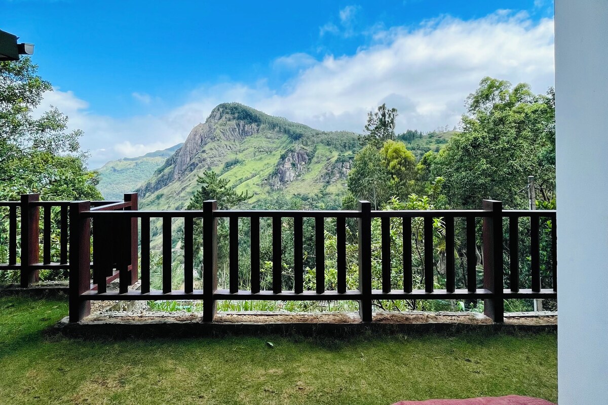 A balcony with a view of a mountain and greenery.