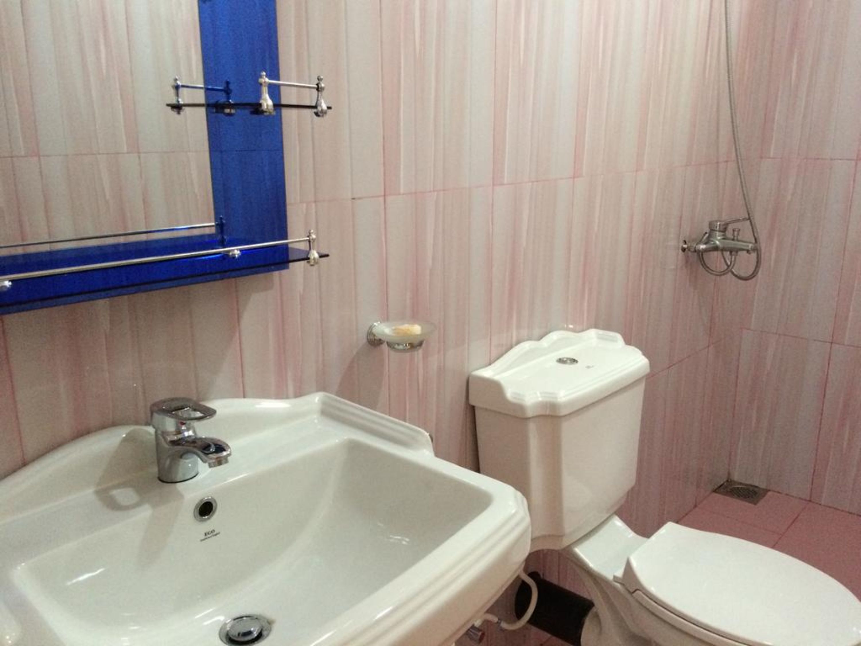 A bathroom with a white sink, a toilet, and a shower.