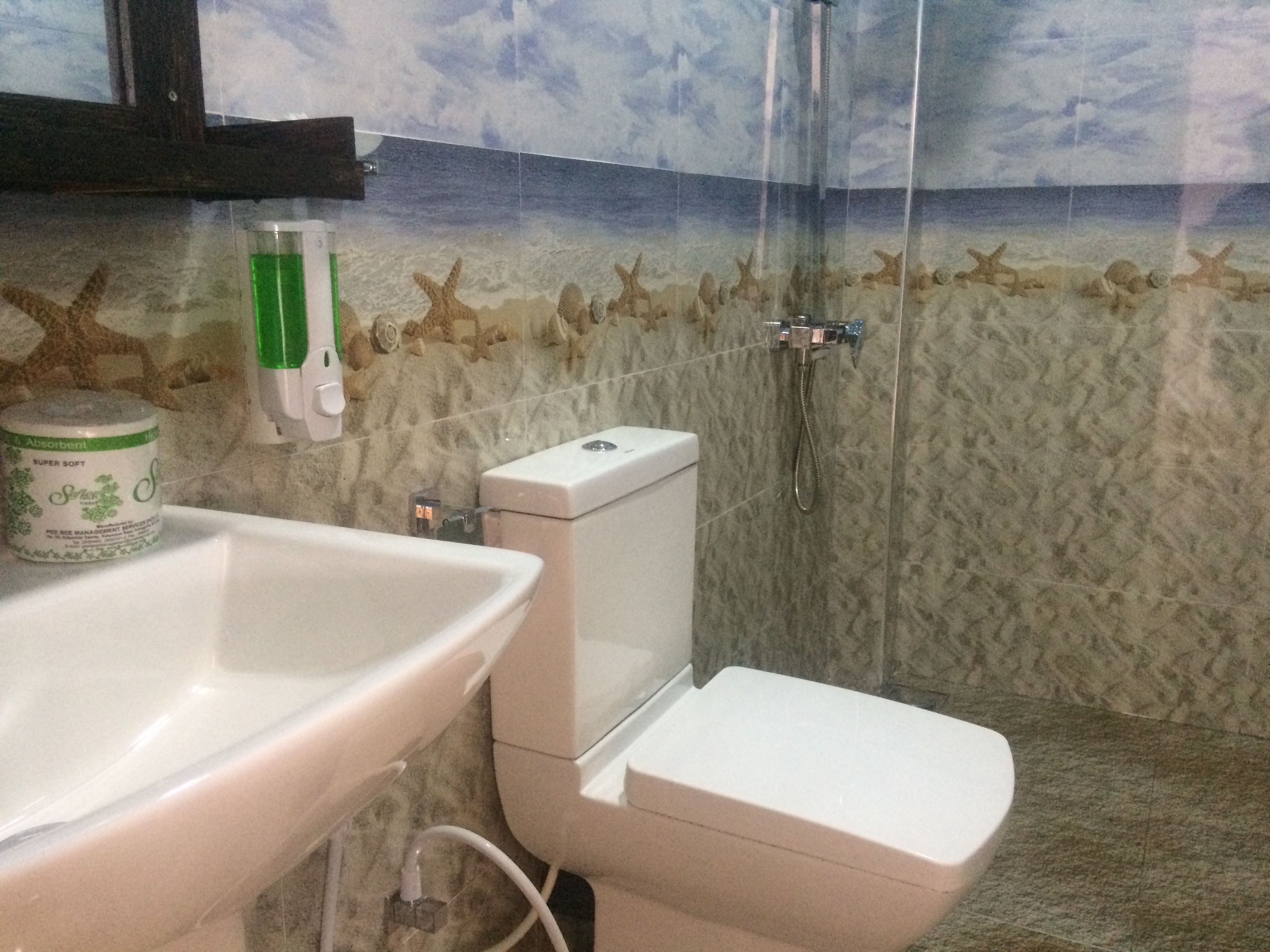 Une salle de bain avec des toilettes, un lavabo et une douche.