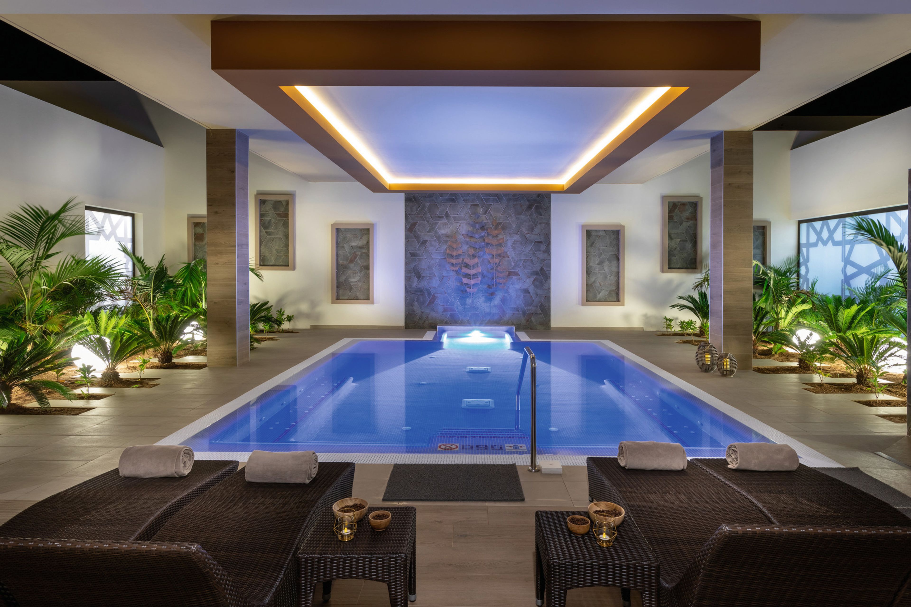 En moderne swimmingpool indendørs med liggestole og potteplanter.