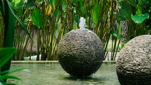 A water feature with spherical structures surrounded by lush green foliage. - Umpadhi Canggu Hotel (Canggu)