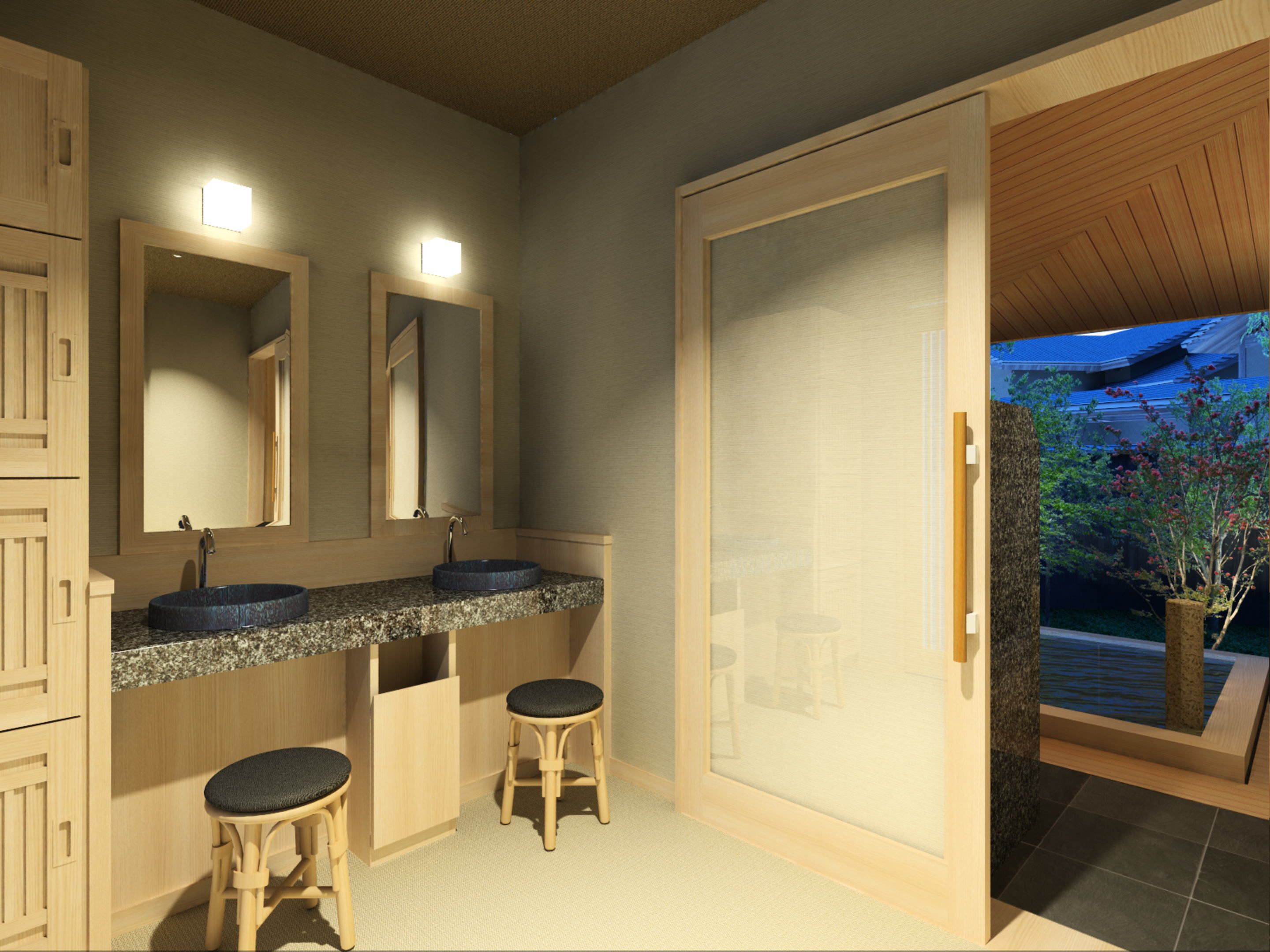 A modern bathroom with a large mirror, two sinks, and wooden stools.
