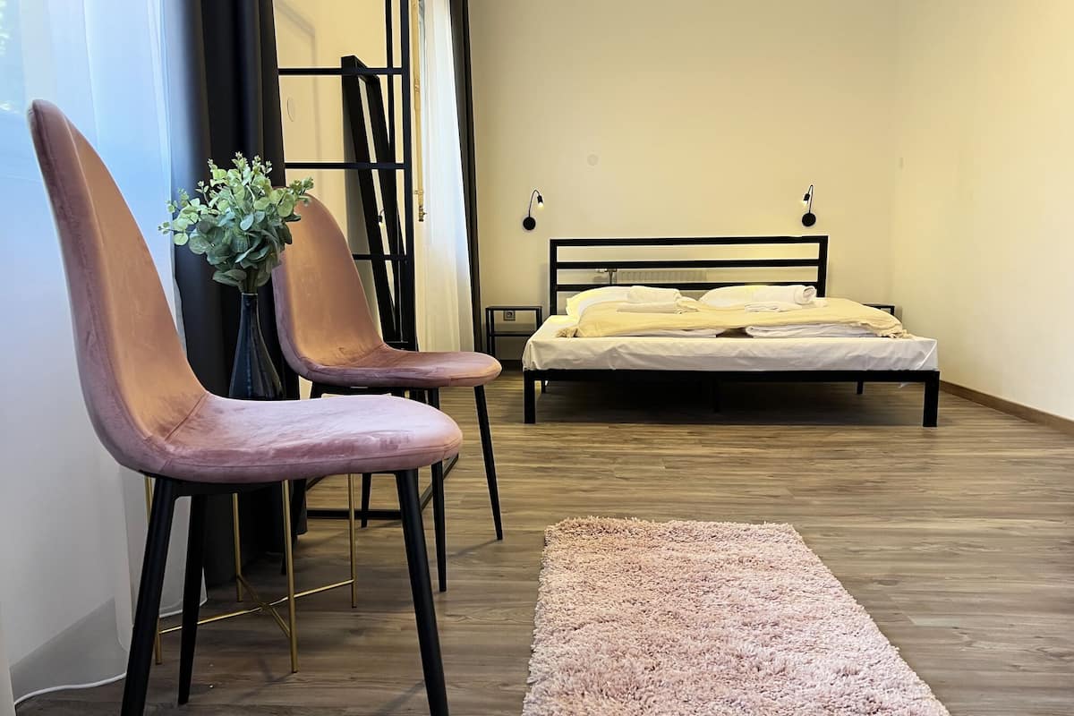 Une chambre à coucher avec un lit, deux chaises, un petit tapis et une plante.