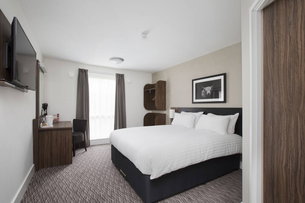 A hotel room with a large bed, a desk with a chair, a flat-screen TV, a coat rack, and a framed picture on the wall.