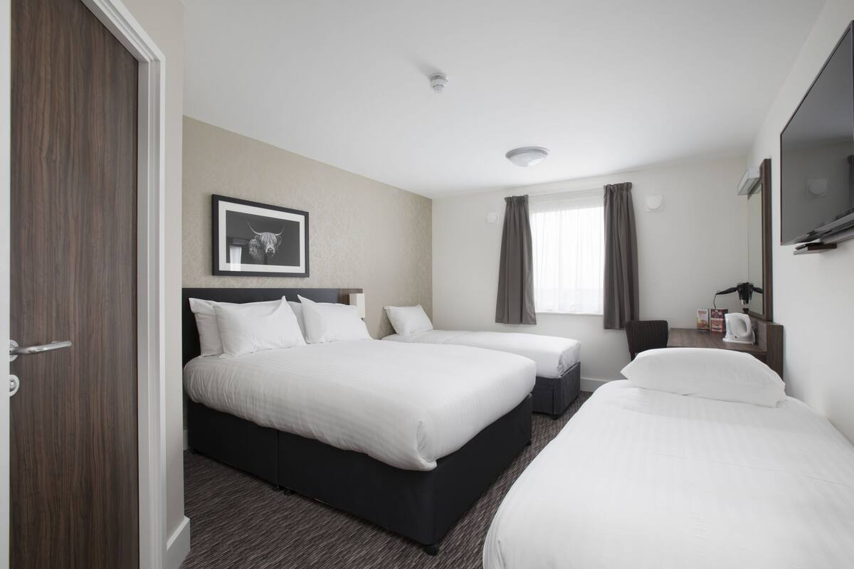 A hotel room with two beds, a desk, a chair, a flat-screen TV, and a framed picture on the wall.