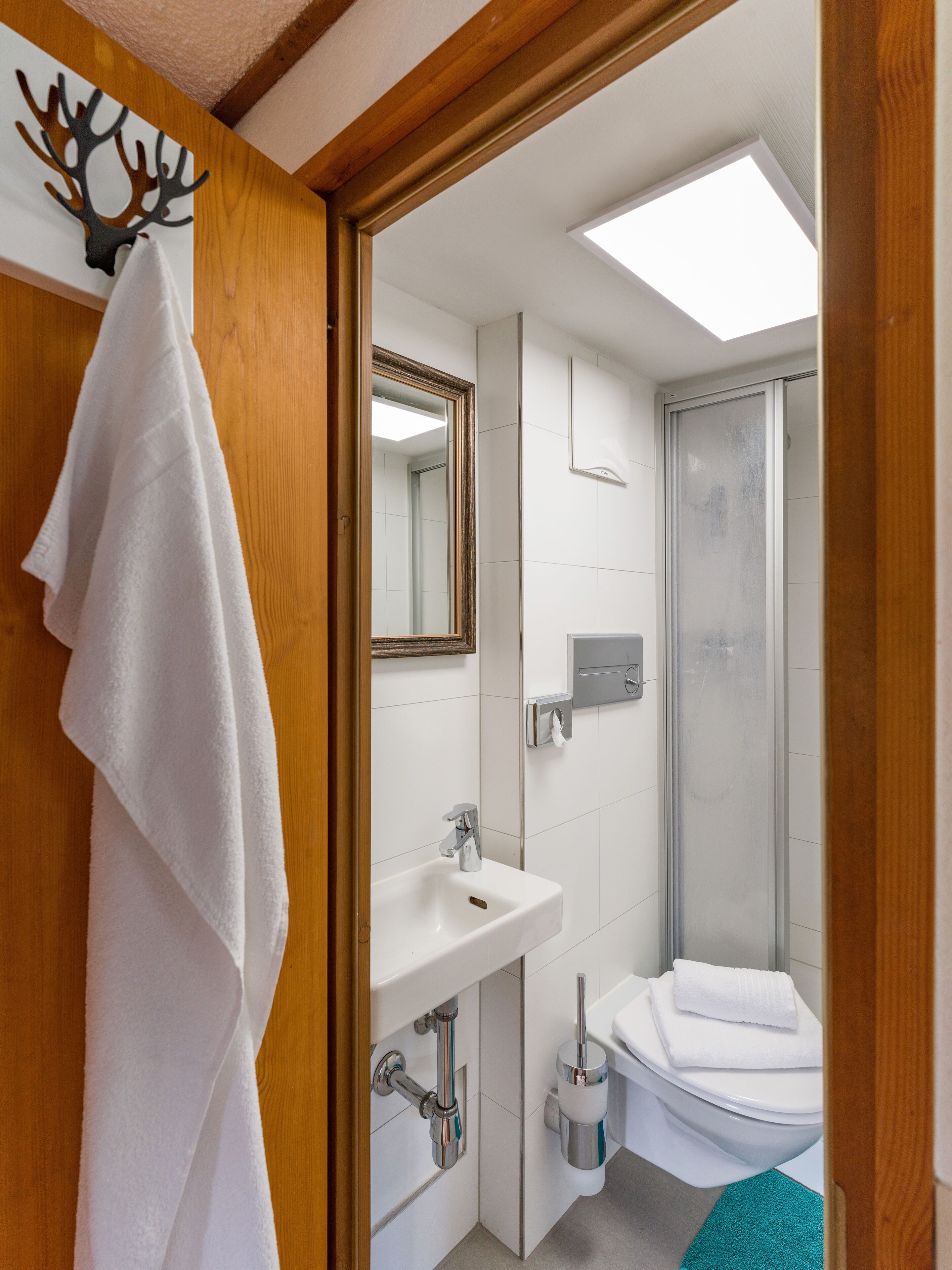 A bathroom with a white sink, a mirror, a toilet, and a shower.