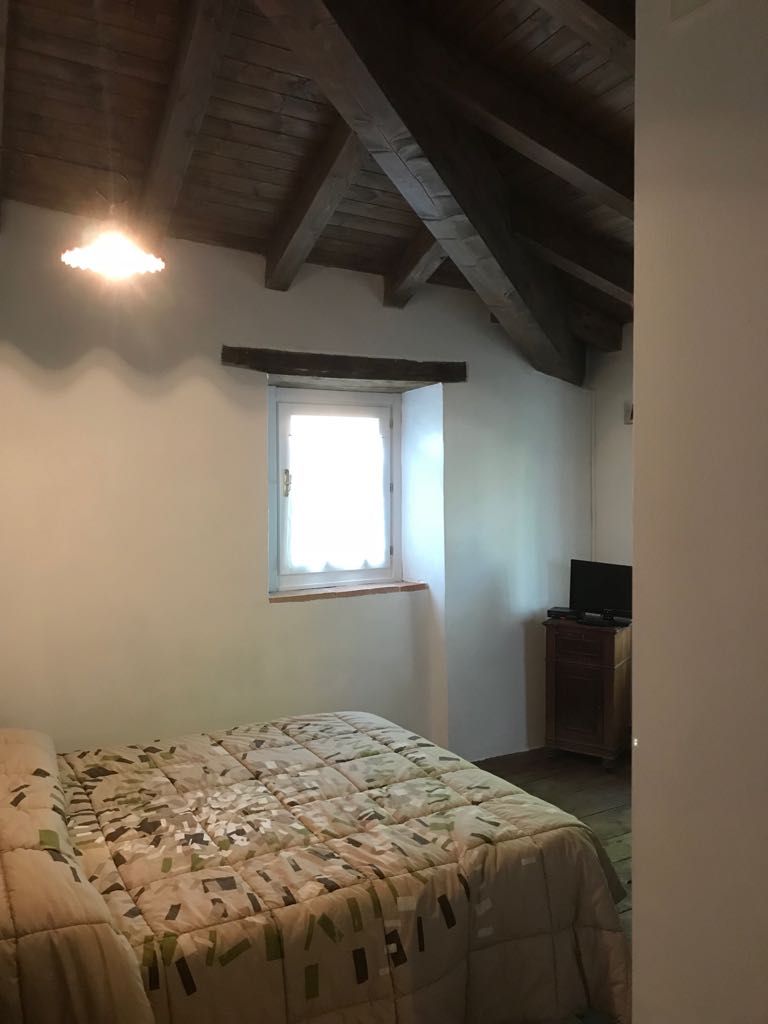 A bedroom with a bed, a window, a television on a stand, and a wooden ceiling.