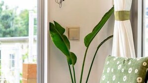 Un salon moderne avec un canapé gris, un coussin à motifs verts et une grande plante.