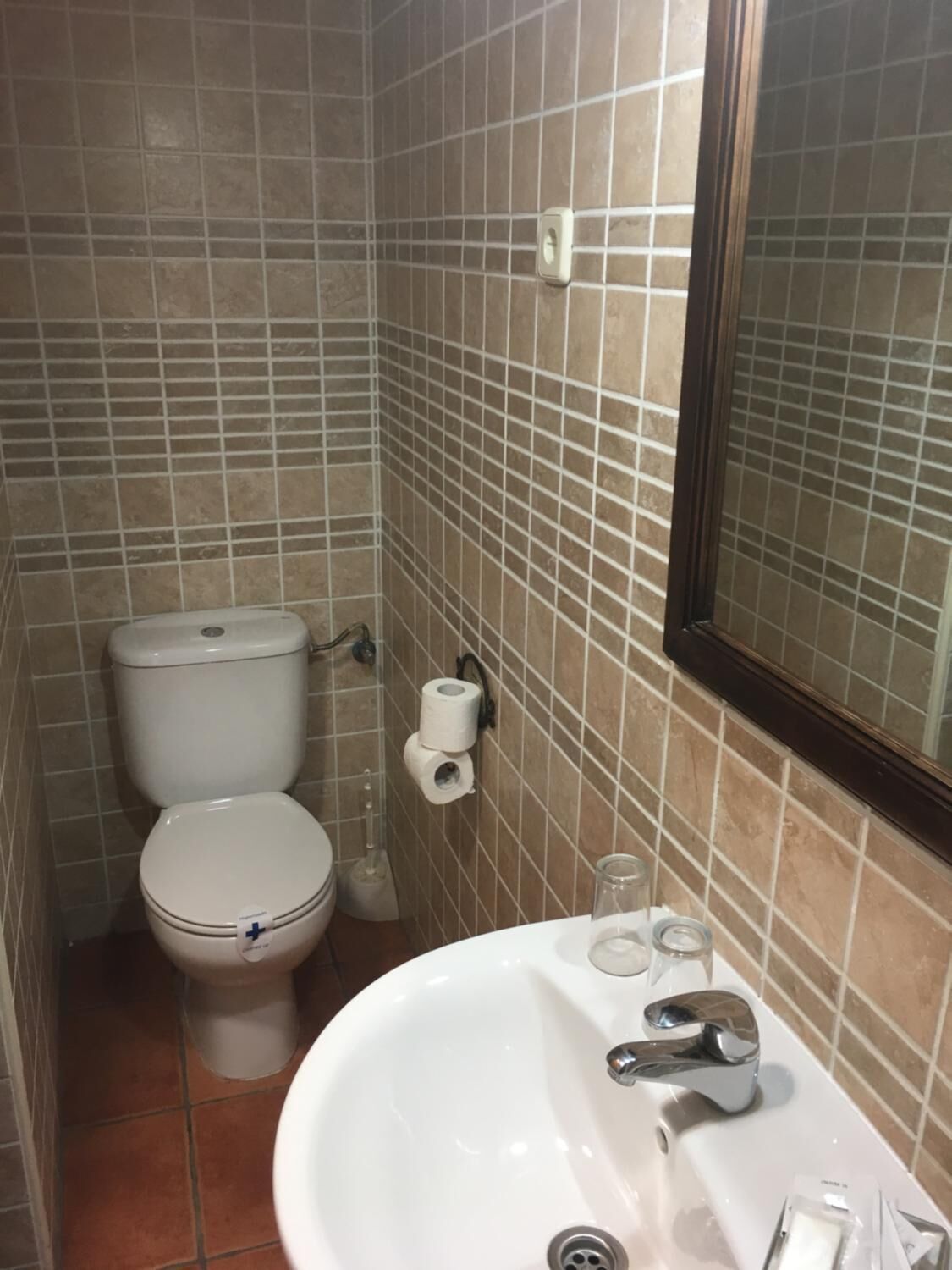 Een kleine badkamer met een wit toilet, een wastafel met een chromen kraan en een spiegel boven de wastafel.