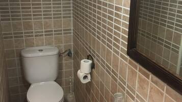 Een kleine badkamer met een wit toilet, een wastafel met een chromen kraan en een spiegel boven de wastafel.