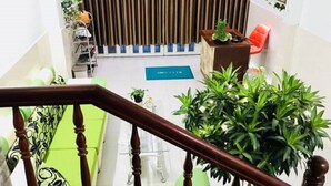 Una escalera con barandilla de madera que lleva a una habitación con un sofá verde, una mesita con una planta y un jardín vertical con plantas colgantes.