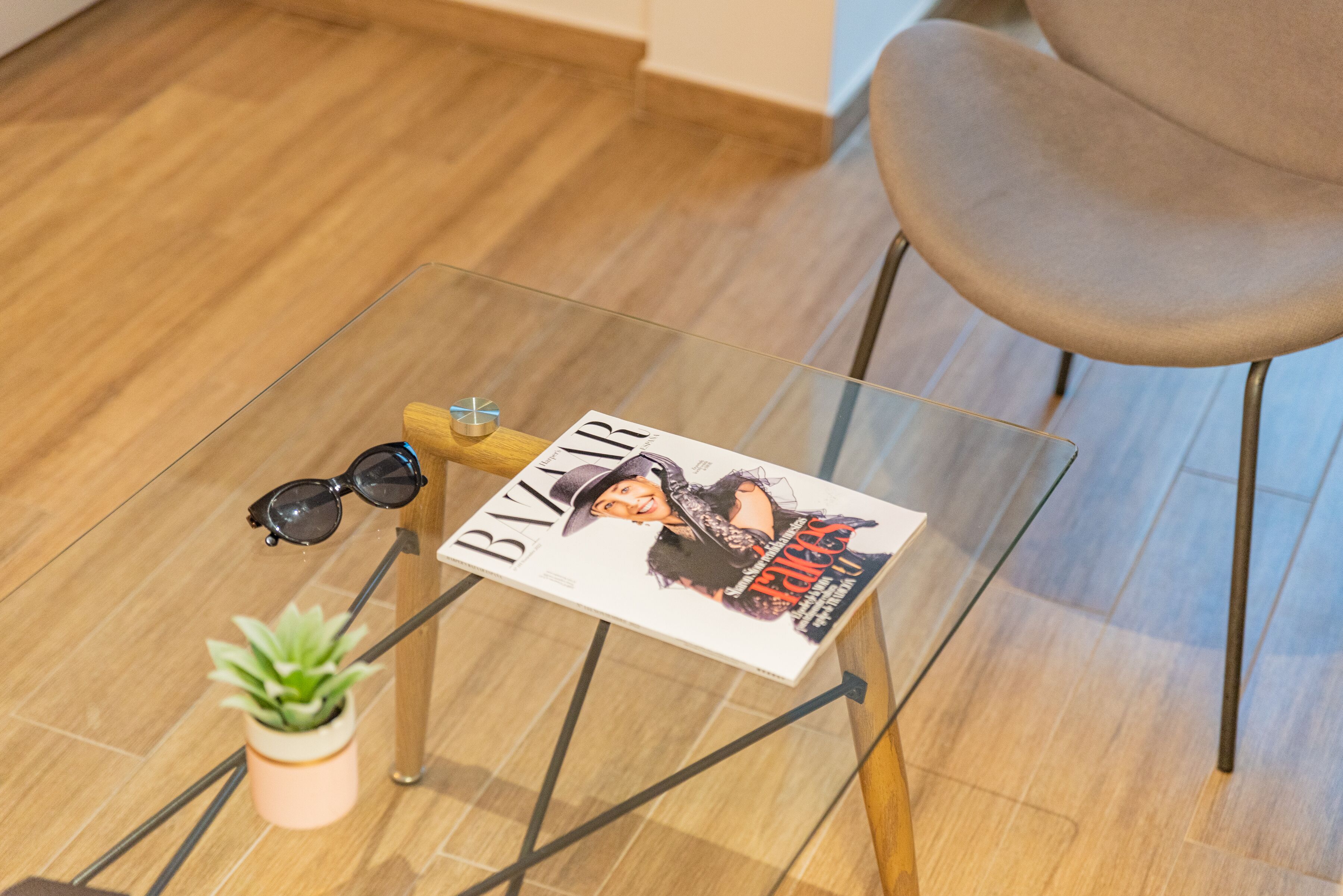 Una mesa de vidrio con una revista, gafas de sol y una planta pequeña.