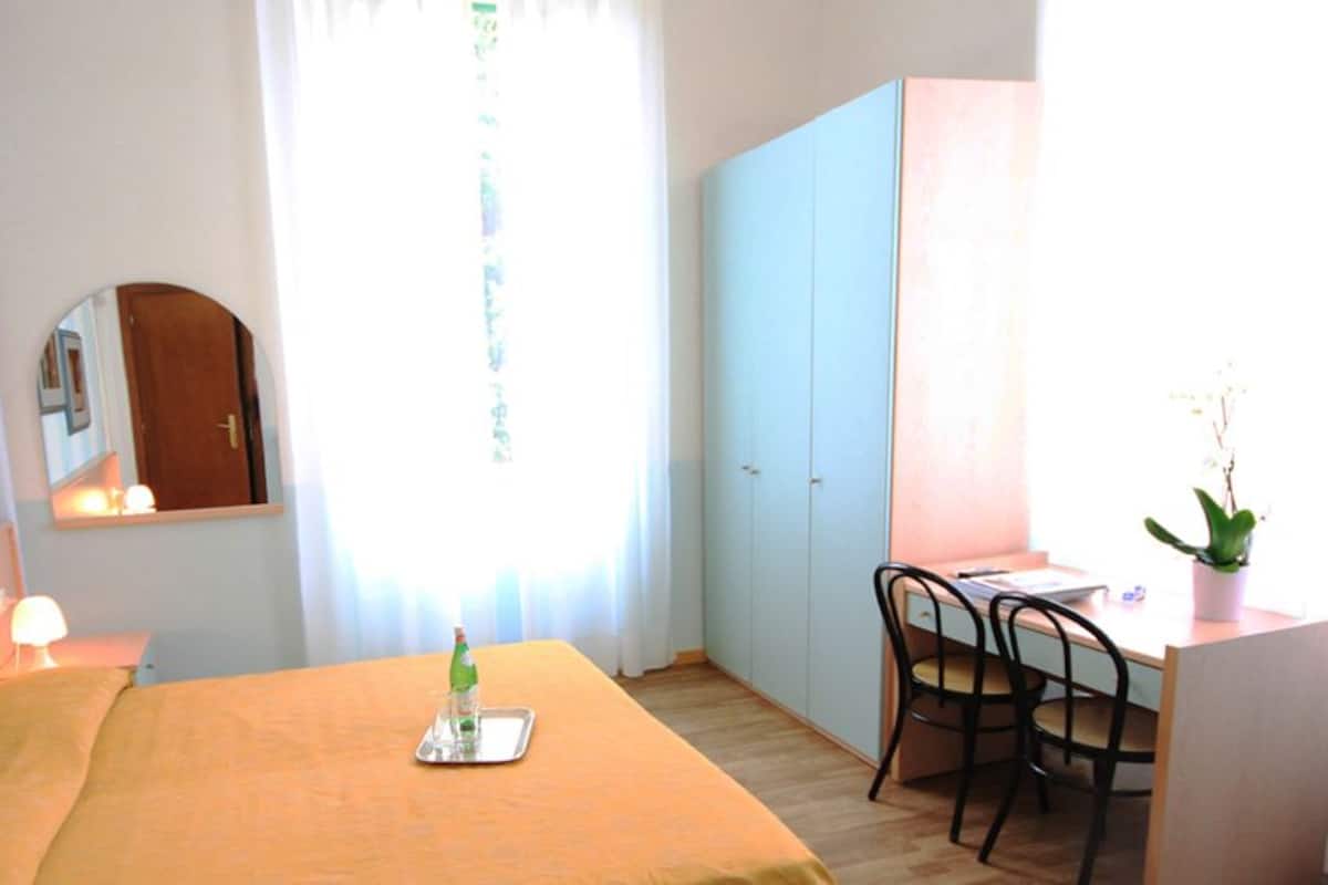 Ein Hotelzimmer mit Bett, Schreibtisch, Stuhl, Zimmerpflanze und einem Fenster mit Vorhängen.