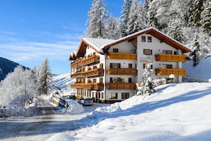 Un hotel de varios pisos con balcones de madera y un letrero que dice "SCHONWALD".