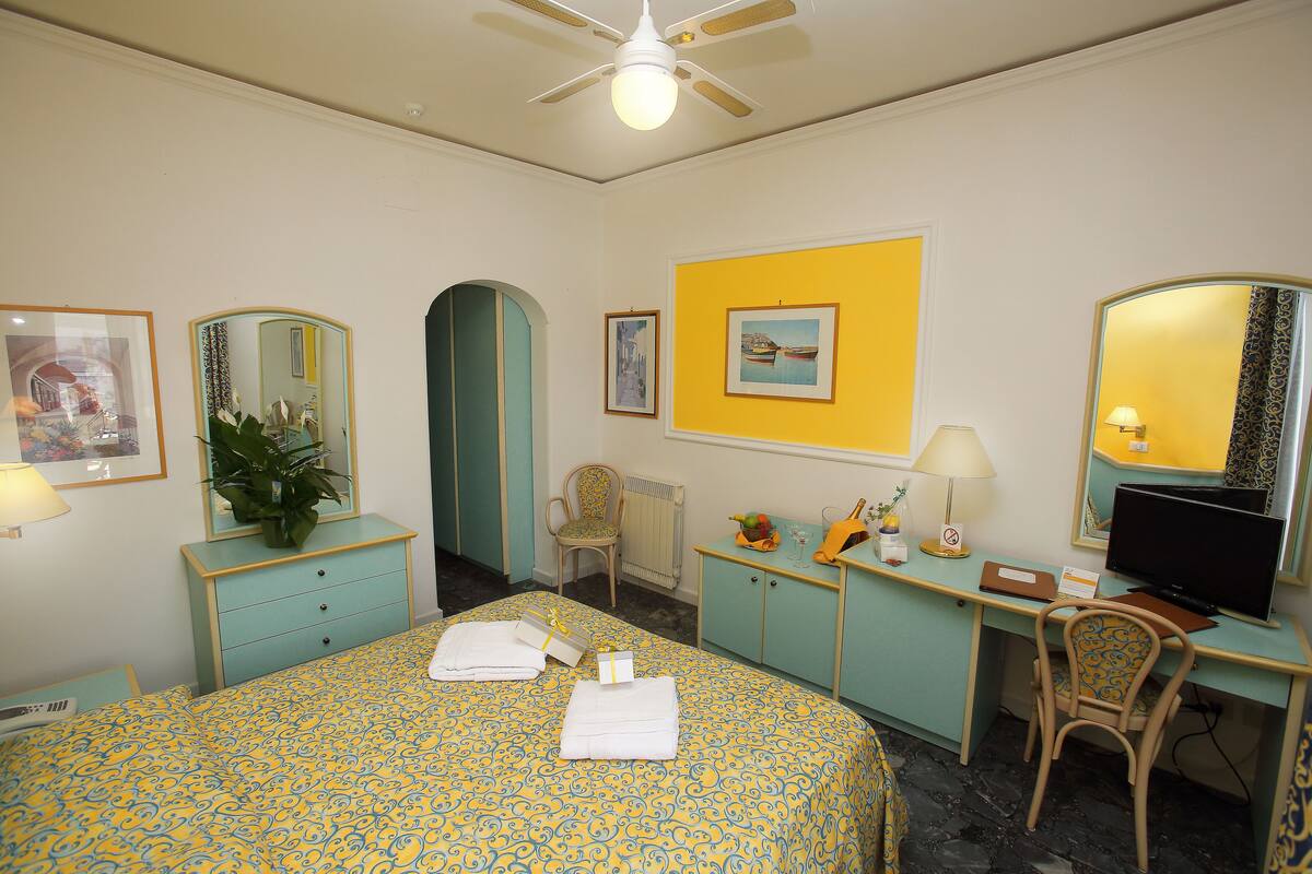 A hotel room with a bed, a desk, a chair, a mirror, a radiator, and a ceiling fan.