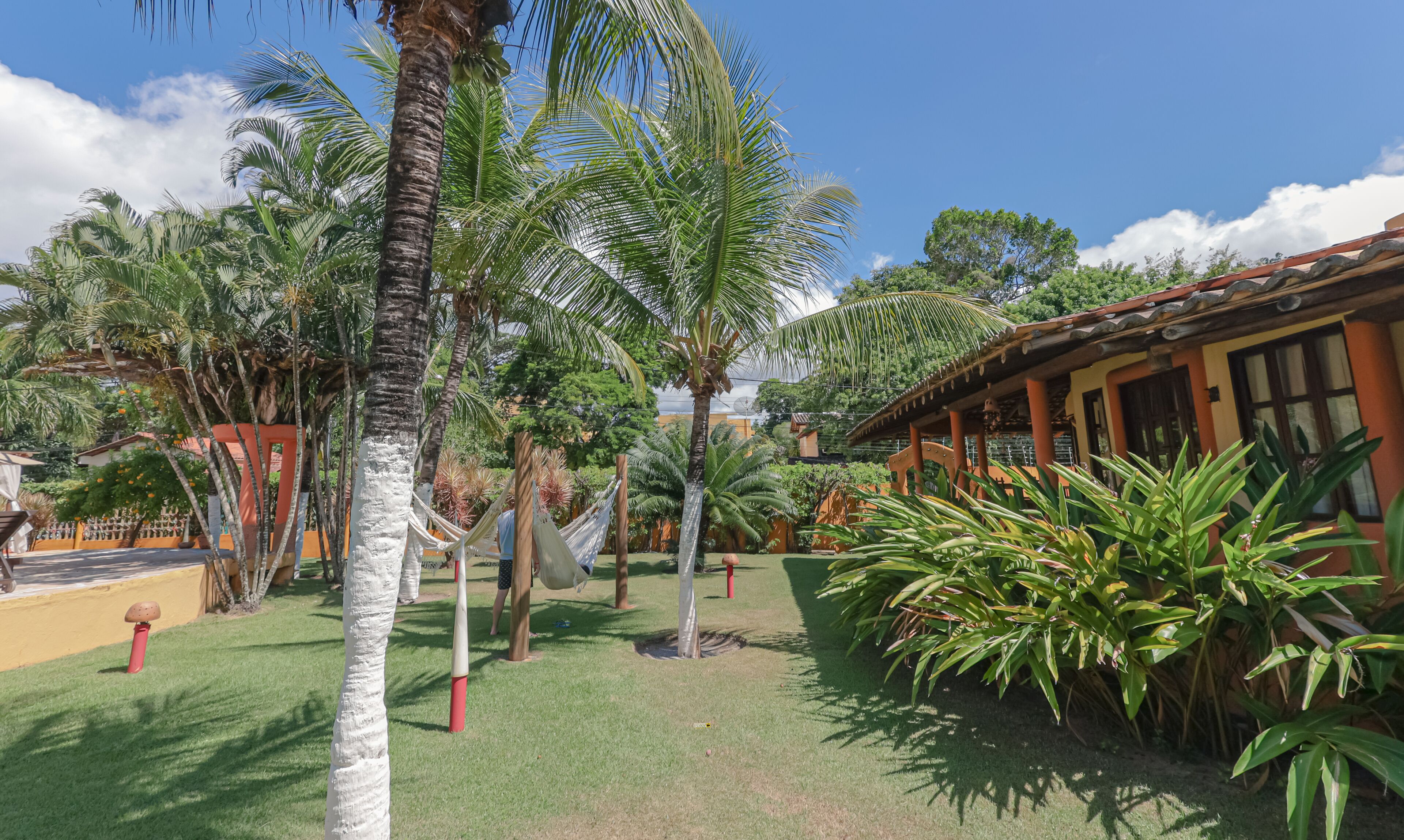 A tropical garden with palm trees, a hammock, and a building with a tiled roof.