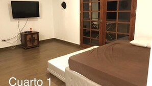 Un dormitorio con una cama, televisor montado en la pared, armario de madera y puerta corrediza de vidrio.
