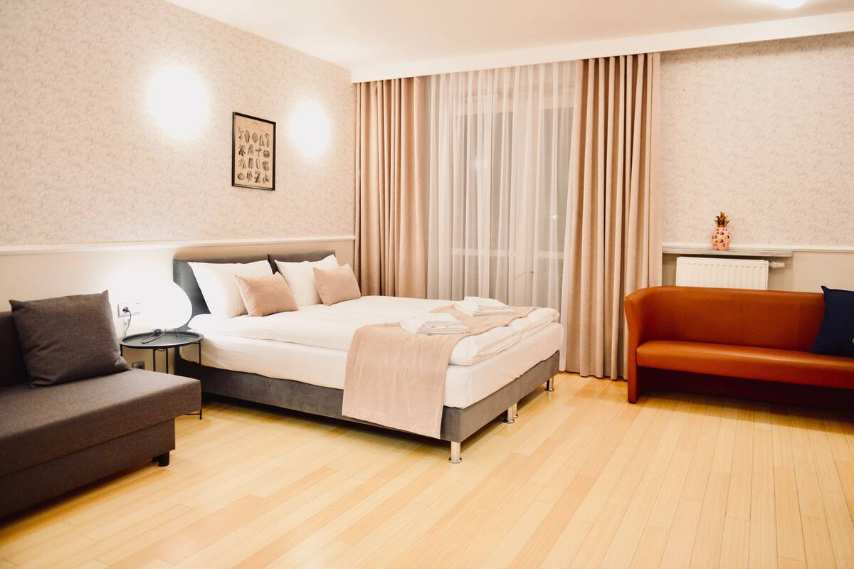 Quarto de hotel com cama, sofá, uma pequena mesa e radiador.