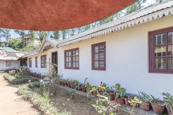 A traditional house with a tiled roof, white walls, and multiple windows with wooden frames. There are potted plants along the pathway leading to the house.