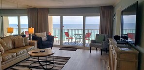 Condo, Multiple Beds, Ocean View (Beach House 604D) | Living room | 50-inch Smart TV with cable channels, TV, video-game console