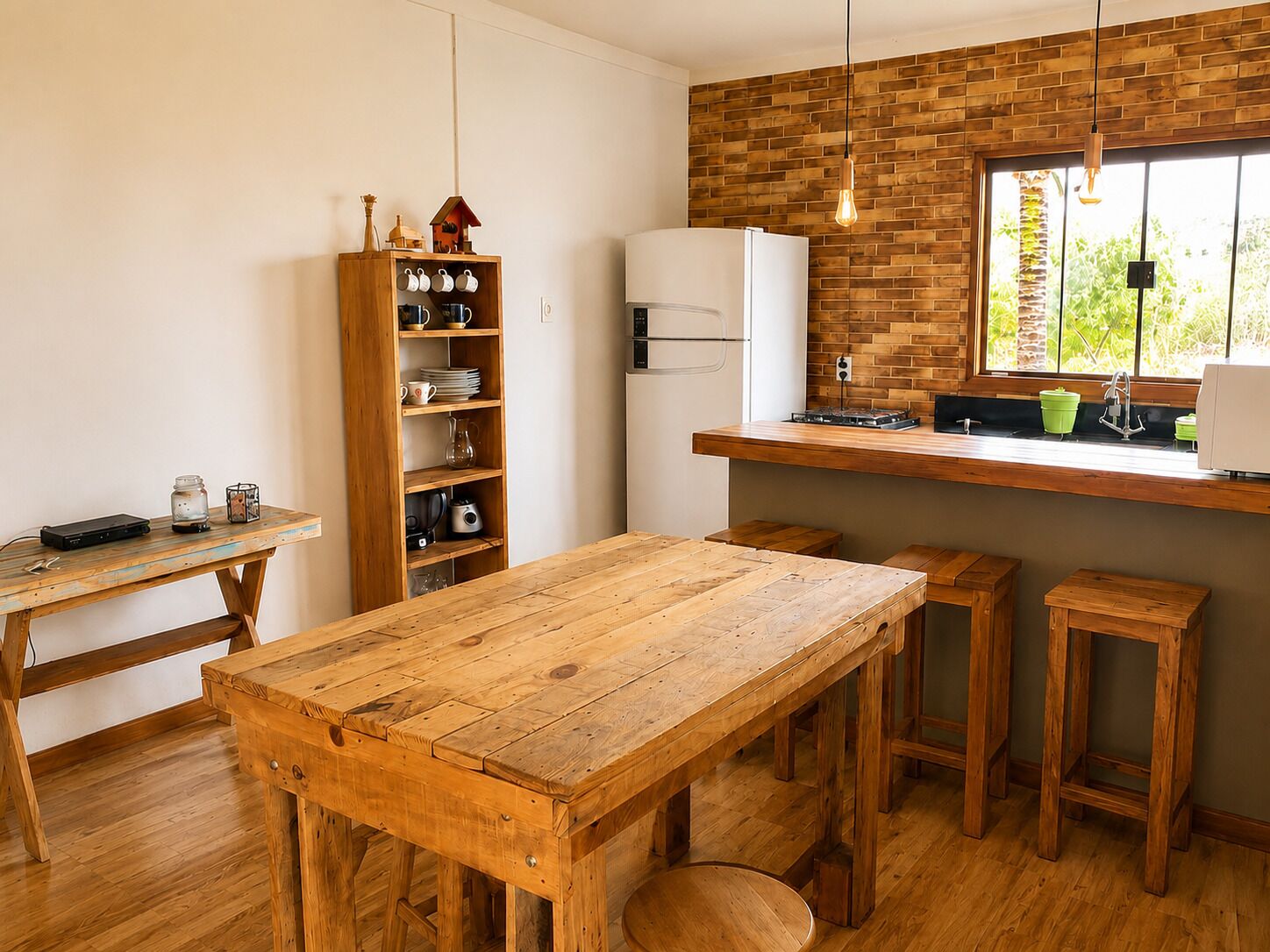Una cocina con una mesa de madera, taburetes, un salpicadero de ladrillo y una ventana con vistas a la vegetación.
