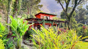A red building surrounded by lush greenery and a stone pathway. - Casa Paxanax (Santa Cruz La Laguna)