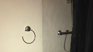 Zona de ducha con puerta de vidrio, alcachofa y toallero.