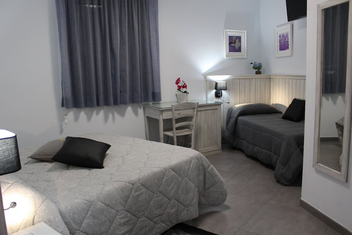 A bedroom with two beds, a desk, a chair, a lamp, and a mirror.