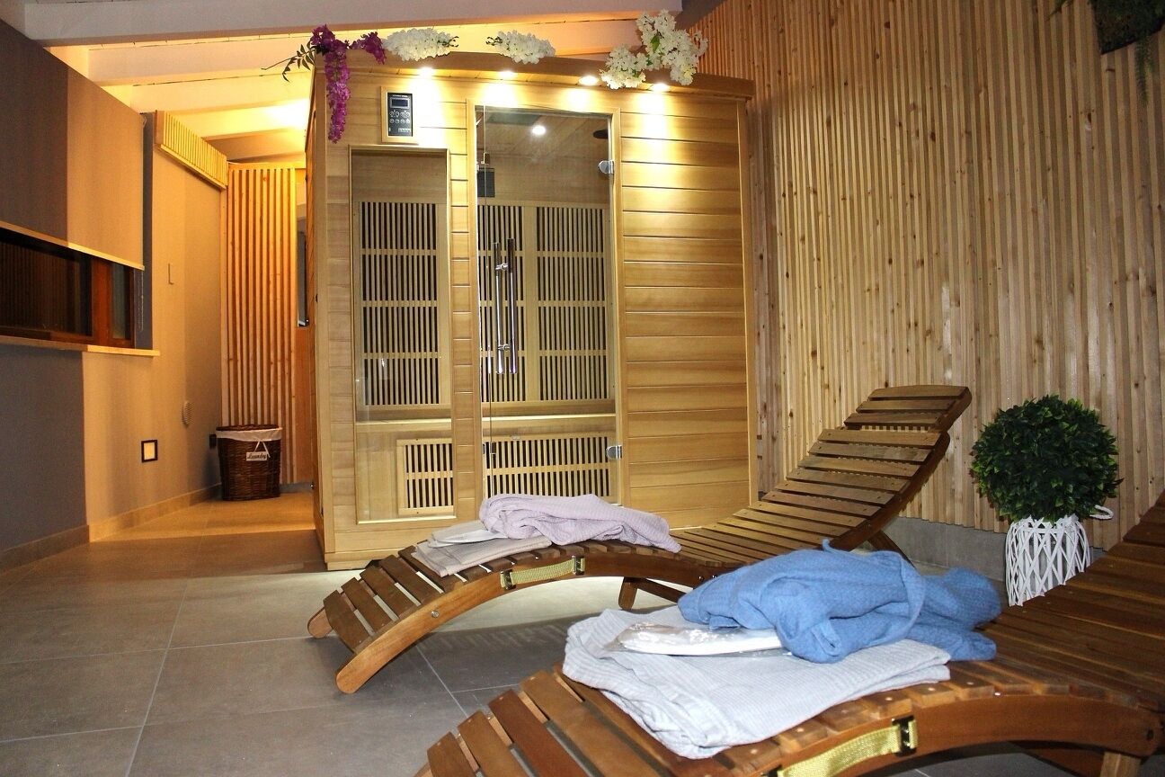 A sauna room with two wooden loungers, a small trash bin, and a potted plant.