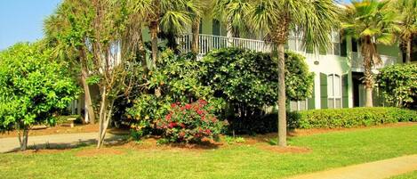 A well-maintained lawn with a pathway leading to a building with a balcony.