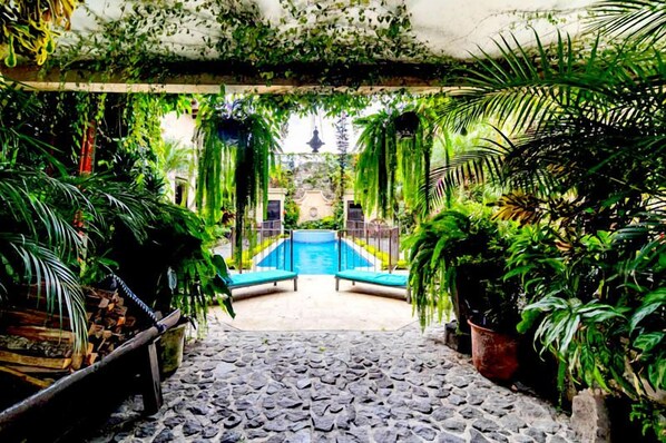 A stone pathway leading to a blue pool surrounded by lush greenery and potted plants.