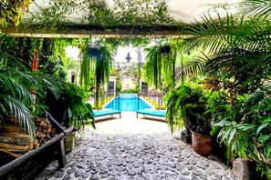 Ein gepflasterter Weg führt zu einem blauen Pool, der von üppiger Vegetation und Kübelpflanzen umgeben ist.