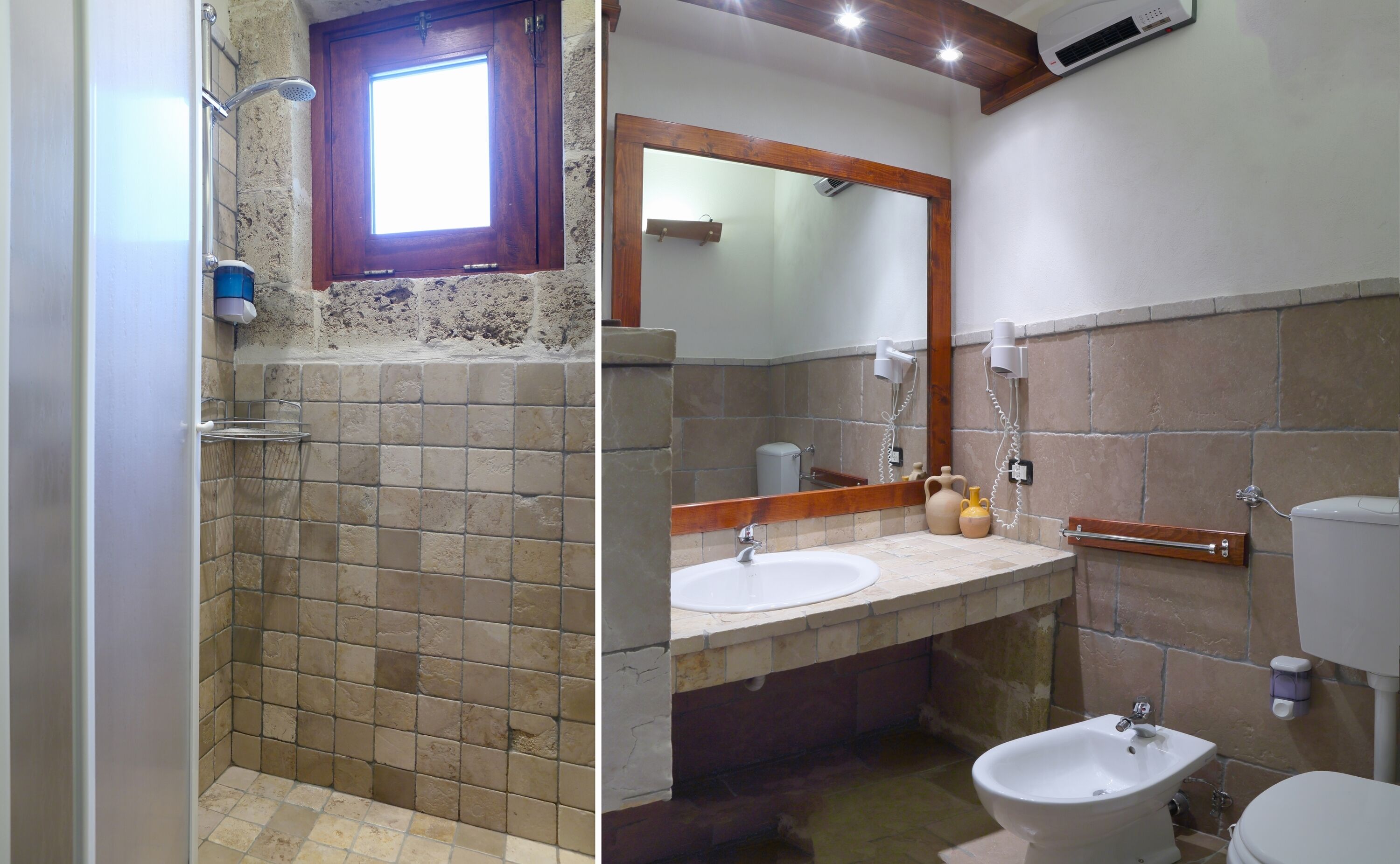 A bathroom with a shower, a sink, a bidet, and a toilet.