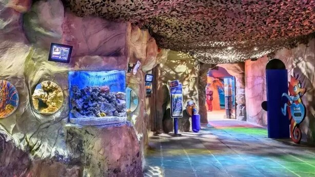 Un acuario con tanques de vidrio amplios, exhibiciones educativas y una decoración interior colorida.