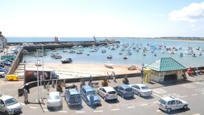 A harbor with boats, a pier, and a small building with a green roof. - The Dolphin Hotel (St. Martin)