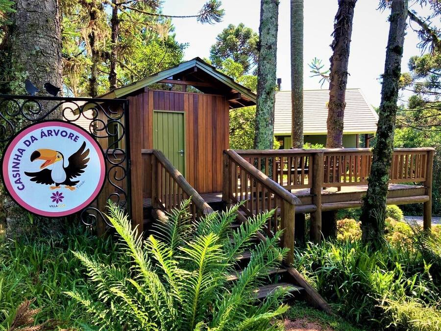 Une cabane en bois avec une porte verte et une terrasse en bois, entourée d’une végétation luxuriante et d’arbres.