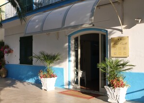 A hotel entrance with a blue and white facade, a covered entrance, and potted plants. - Hotel Ornella (Camaiore)
