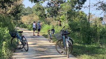A paved path with bicycles parked on either side, surrounded by greenery.