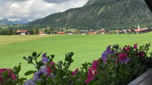 A view of a green field with houses in the background and mountains in the distance. - Haus am Gletscherfeld (Reit im Winkl)