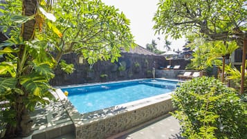 Outdoor pool, pool umbrellas, pool loungers